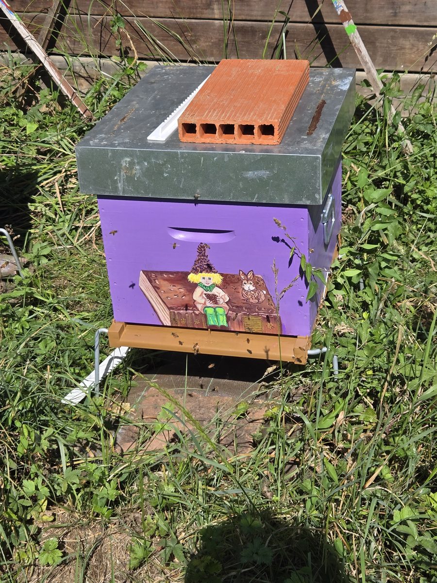 Ruche violette décorée d'un personnage